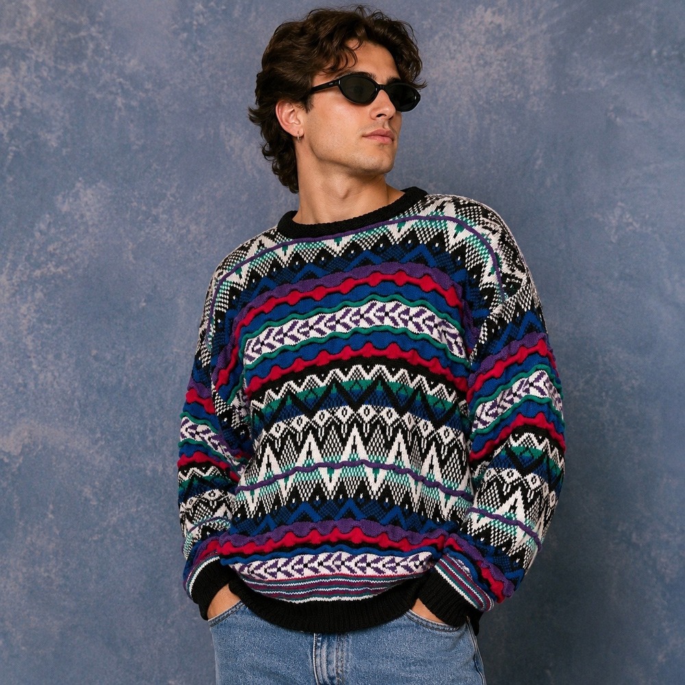 Vintage Etchings Fair‎ Isle 3D Knit Sweater Mens XL Chunky Textured Made in USA